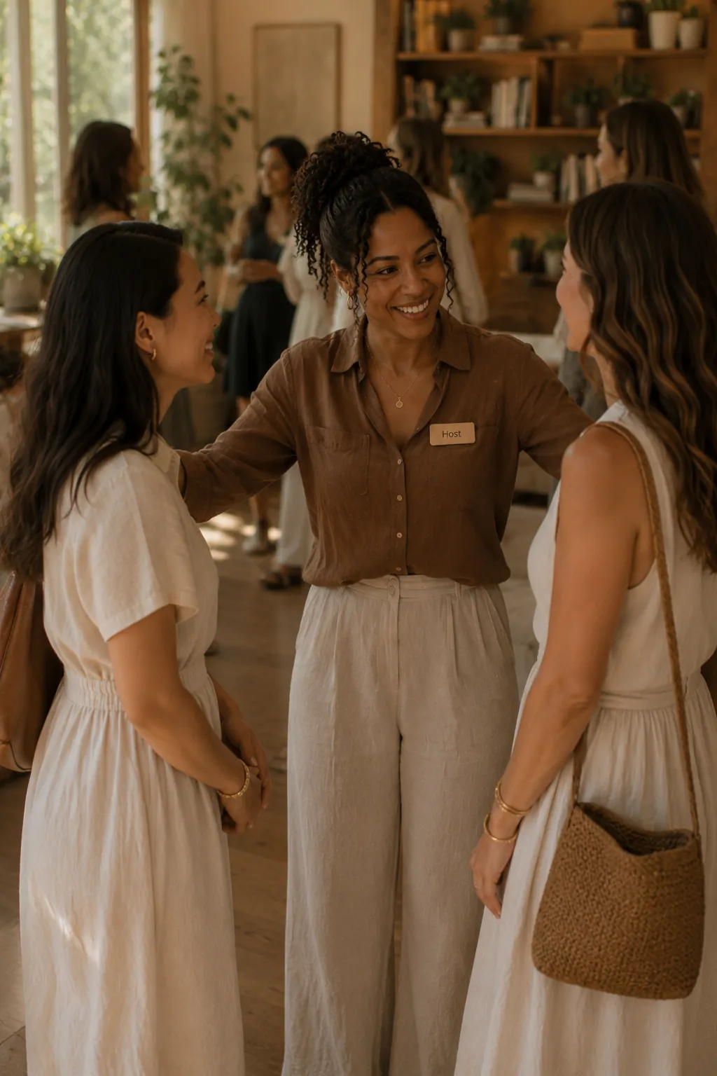 A host warmly introducing two members to each other at a gathering