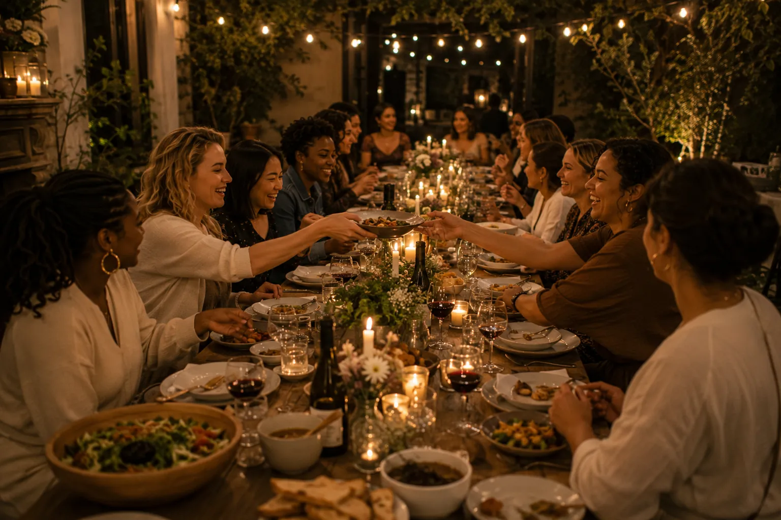 A long candlelit table of friends sharing a meal outdoors, passing dishes