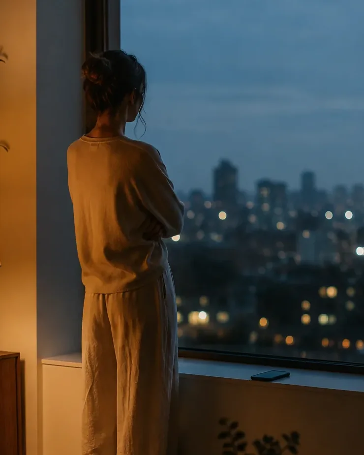 A woman standing alone at a window at night, looking out over a distant city
